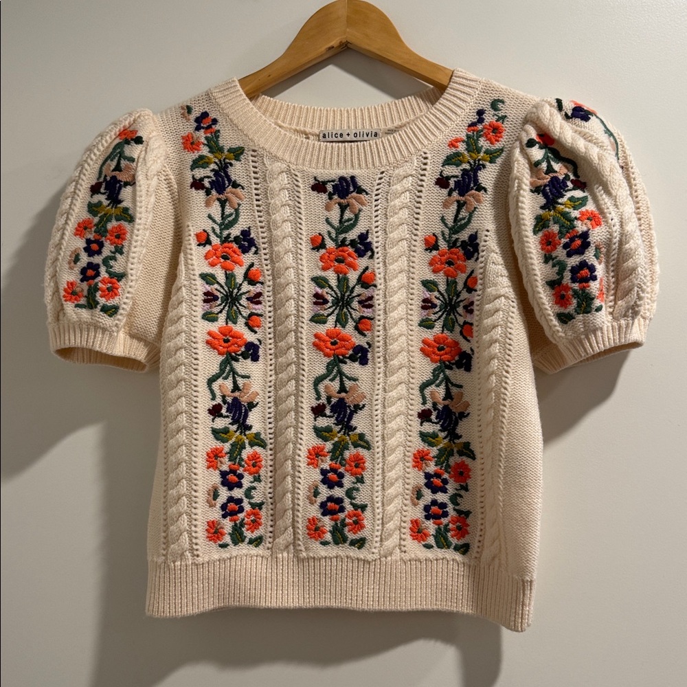 Alice + Olivia Cream Floral Embroidered Sweater